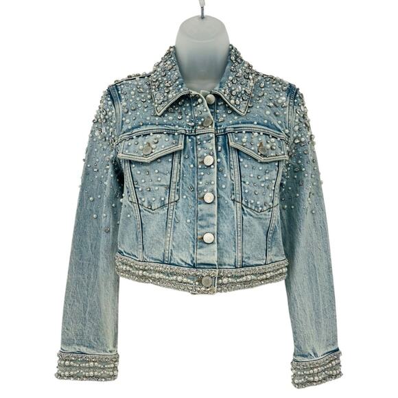 ALICE + OLIVIA Nelson Embellished Beaded Cropped Fitted Denim Jean Jacket Sm NEW - Picture 8 of 15